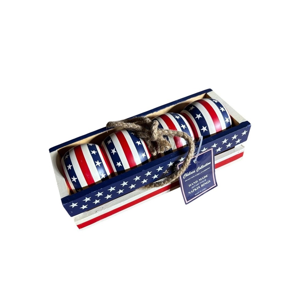 Chelsea Collection Handmade Patriotic Star & Stripe Wood Napkin Rings 4 GIFT NEW